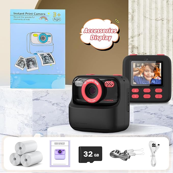 Kids Instant Digital Cameras for Boys and Girls, 1080P HD Dual-Lens Selfie Digital Camera with Print Paper & 32G Card, Christmas Birthday Gifts Toys for Toddler and Teenagers Age 3-16 Years Old