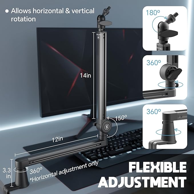 CMTECK Microphone Boom Arm, Low Profile Microphone Arm Stand with Cable Management, Desk Mount Clamp, 5.91" Extended Riser, Screw Adapter, 360° Adjustable Stick for Podcast Streaming Gaming Studio