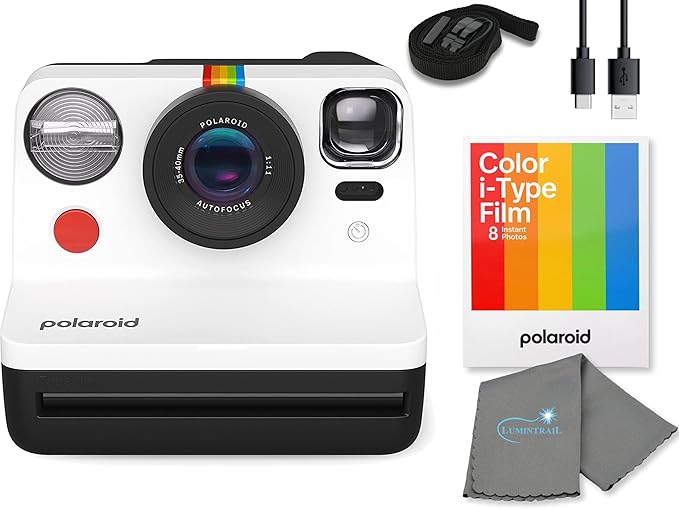Polaroid Gen 2 Now I-Type Instant Film Camera - Black & White Bundle with a Color i-Type Film Pack (8 Instant Photos) and a Cleaning Cloth
