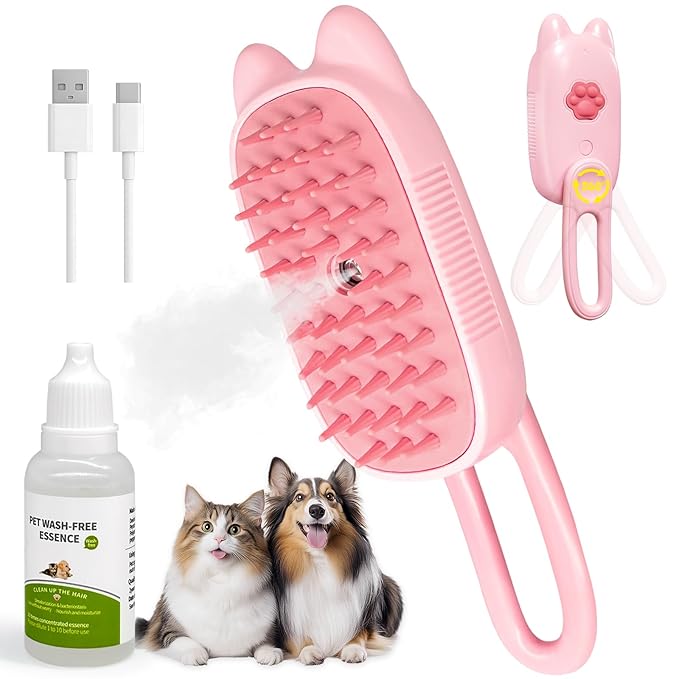Pet Steam Brush for Dogs and Cats, Spritz Defur Comb 3 in 1 Pet Rechargeable Steam Brush Tool for Long and Short Haired Cats and Dogs, Anti-Static, Shedding, Detangling, Massage & Combing (pink)