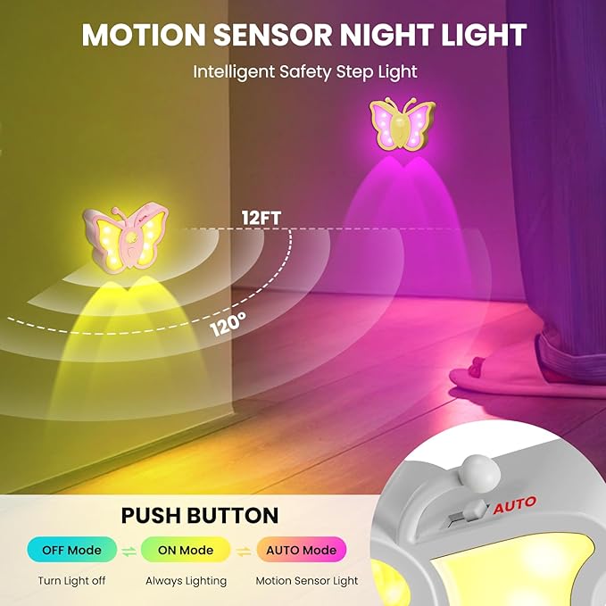 LOFTEK Rechargeable Motion Sensor Light, RGB Color Changing & Dimmable Night Light, Cute Butterfly Light for Kids' Bedroom, Bathroom, Hallway, Tent & Stairs - Ideal Home Decor & Gift, Yellow of 4