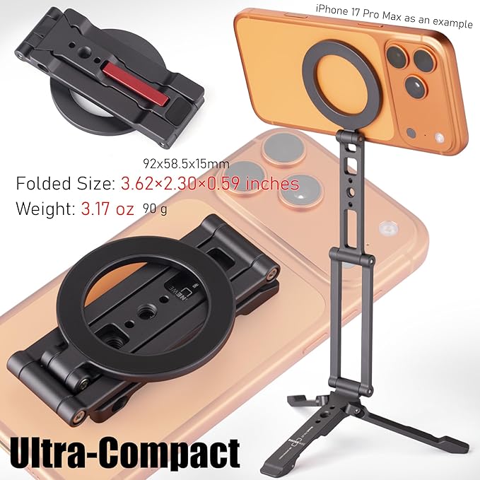 Ultra-Compact Magnetic Tripod Stand: Aluminum Phone Mount for iPhone 17/16/15/14/13/12 Pro Max, Adjustable Cellphone Holder with 1/4” Screw & Travel Hook (Grey)