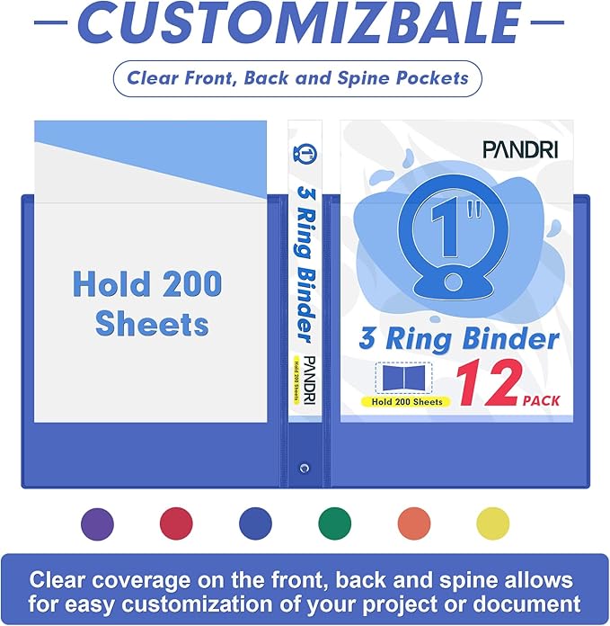 3 Ring Binder 1 Inch, PANDRI 12 Pack 1-Inch Binder Fits Letter Size 8.5'' x 11'' Paper, Versatile Binders for Office Home School, 2 Pockets, Assorted 6 Color