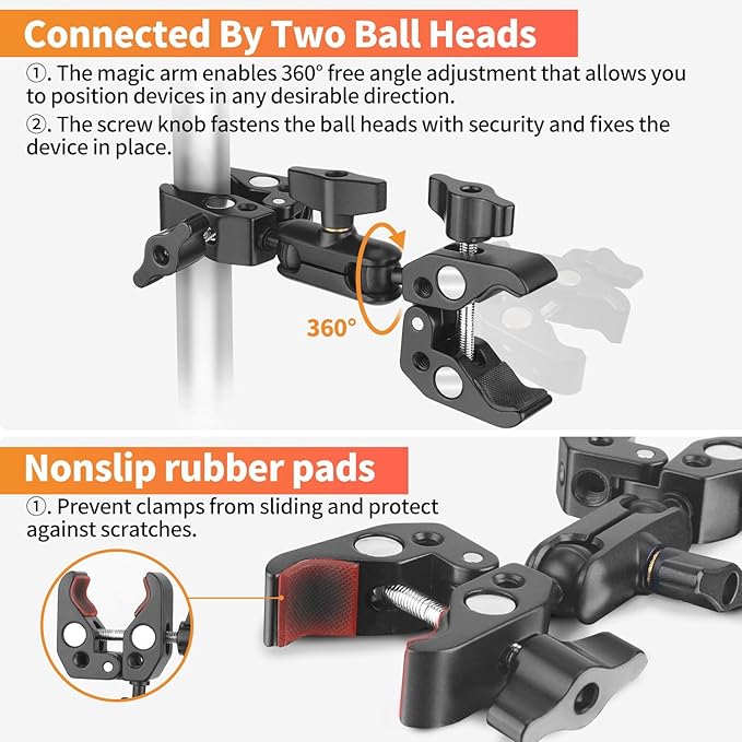 YAYOYA Double Super Clamp Camera Mount, Umbrella Holder Bracket with 360° Ballhead Magic Arm for Pole, Tripod Clamp Mount for Cross Bar, Light Stand, Strollers, Photo Boom Stand, Reflector - CB08