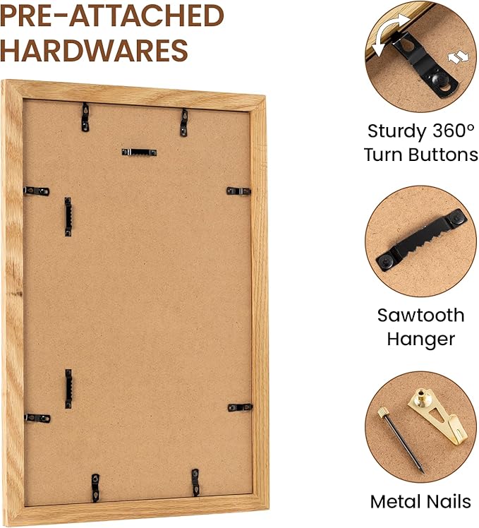 11x17 Picture Frame, Natural Solid Wooden Picture Frames with Tempered Glass, Display 8x12 with Mat or 11 x 17 Without, Vertical or Horizontal Wall Hanging Photo Frame, Natural Oak Color, 1 Pack