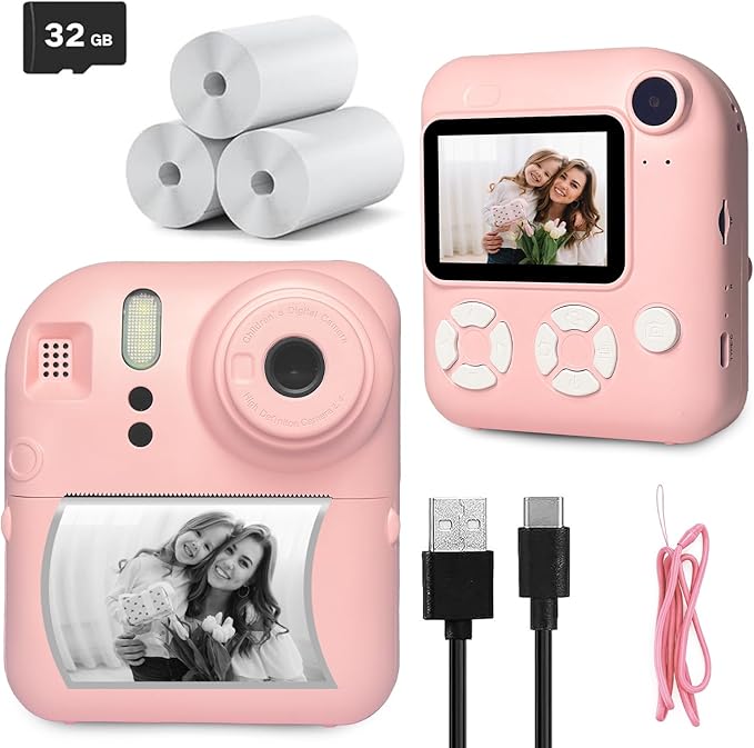 Instant Print Camera for Kids, Christmas Birthday Gifts for Kids Ages 3-12, 16X Zoom,1080P Vedio Selfie Digital Camera,Toddler Portable Toy for Girls and Boys with 32GB TF Card (Pink)