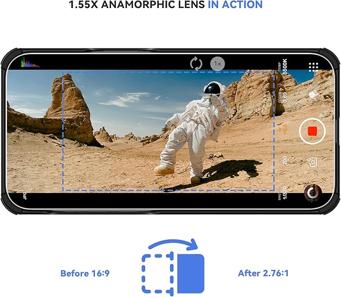 1.55x Anamorphic Lens Compatible with T Mount iPhone & Samsung - Cinematic Smartphone Lens with Ultra-Wide View, with APP Image Correction, Sci-Fi Blue Flare, and Enhanced Video Quality