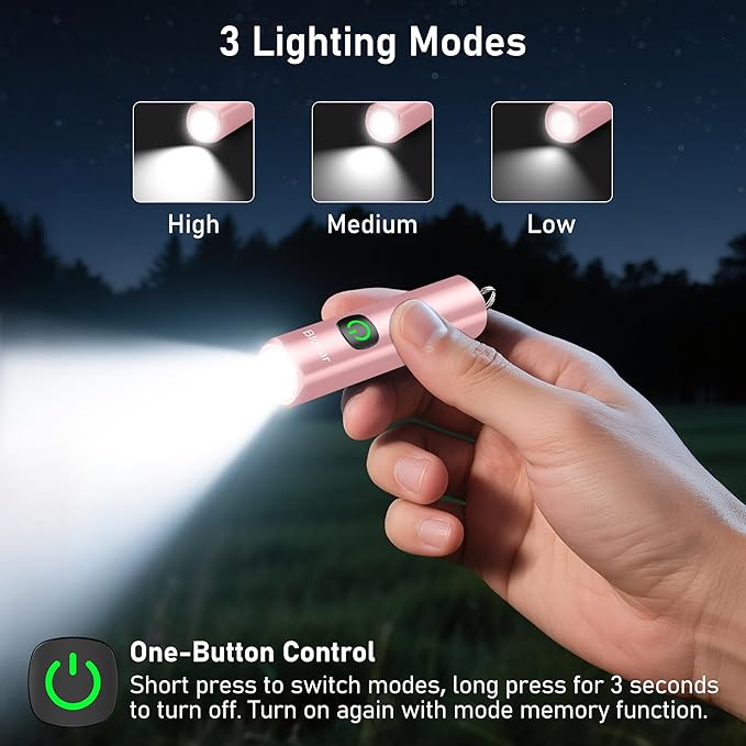 Blukar Rechargeable EDC Flashlight, Mini Keychain Flash Light with 3 Lighting Modes, Memory Function, Waterproof, Compact and Portable Pocket Light for Everyday Carry, Emergency,Camping-Pink
