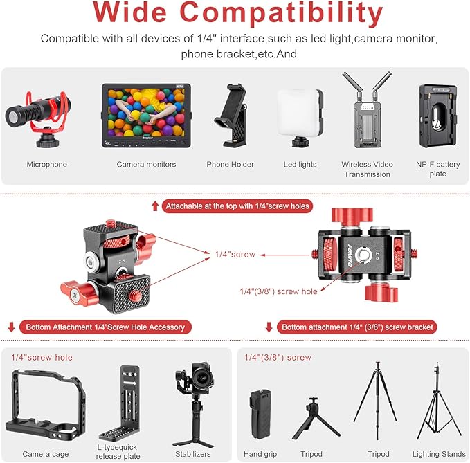 FOMITO Aluminum Alloy Dual Head 1/4'' Screw and 1/4''(3/8'') Screw hole , DSLR Rabbit cage Monitor Bracket with Adjustable Damping Photography Expansion Accessories Grey Color