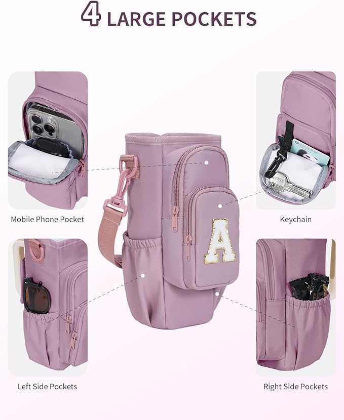 sportsnew Birthday Gifts for Women Personalized Initial Water Bottle Holder with Strap fits most 40oz Tumbler with Handle Water Bottle Carrier Bag with Phone Pocket & Straw Topper Tumbler Accessories