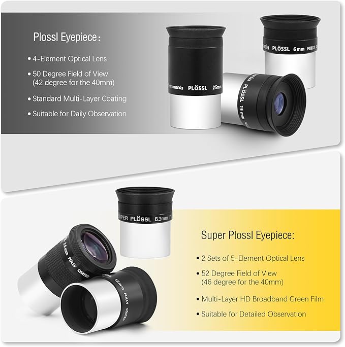 Astromania Telescope Eyepiece Set 1.25 Inch Super Plossl Eyepiece Set 6.3mm 15mm 26mm, 5 Element Fully Multi Coated Metal 52 Degree Apparent Field, Telescope Accessory Set for Astronomy Telescope
