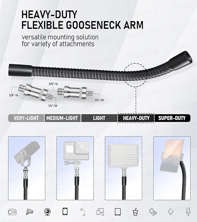 Heavy-Duty 19" Flexible Gooseneck Arm Extension Tube Bar Rod Kit Flex Mount with 1/4" & 3/8" Threads for Mobile Phones Cameras Mic Lighting and More Fits Most Stands Tripods Rigs Grips and Clamps