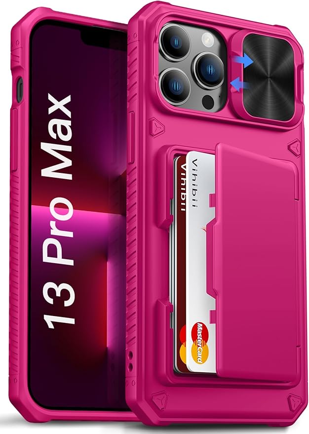 Vihibii for iPhone 13 Pro Max/iPhone 12 Pro Max Case with Card Holder (4 Cards), [RFID Blocking] & Slide Lens Camera Cover, Military Grade Drop Protection, Heavy Duty Rugged Wallet Phone Case, Pink