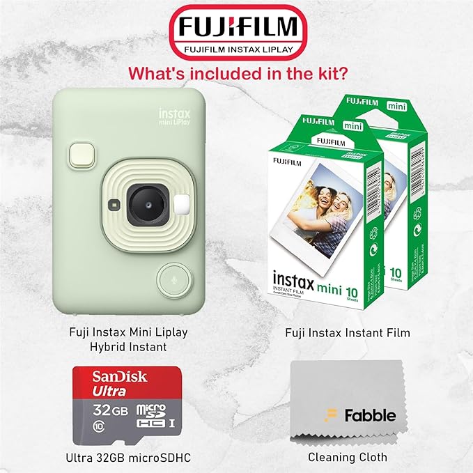 Fujifilm INSTAX Mini LiPlay Hybrid Instant Camera Bundle with 20 Sheets INSTAX Mini Film, 32GB microSD Card, USB Charging Cable, Hand Strap, Cleaning Cloth (Matcha Green)