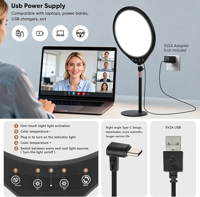 10W 12" Ring Light with Desk Stand & Phone Holder, Dimmable 360° Rotatable LED Full Screen Computer Lamp for Zoom Meetings, Streaming, Gaming, TikTok,YouTube,Videos with Night Light Mode