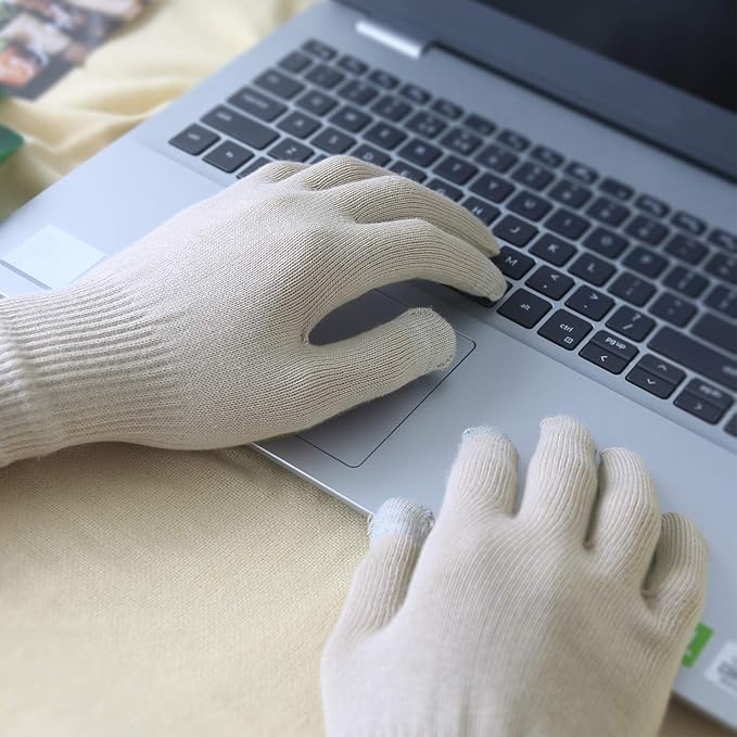 Evridwear Unisex Moisturizing Cotton Gloves with Touchscreen Fingertips for Eczema Beauty Cosmetic Dry Hands Sensitive Irritated Skin Therapy Overnight Bedtime, 6 Pairs, Lightweight-Beige, XS