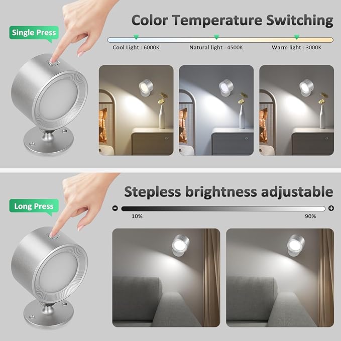 Lightbiz LED Reading Lights, Wall Lights Sconces 3 Pcs with Remote Rechargeable Battery Operated, 3 Color Temperatures & Dimmable Light Magnetic Ball 360°Rotation, Lamps for Study Bedside Closet