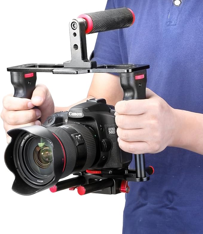 NEEWER Camera Video Cage Film Movie Making Kit, Aluminum Alloy with Top Handle, Dual Hand Grip, Two 15mm Rods, Compatible with Canon Sony Fujifilm Nikon DSLR Camera and Camcorder (Black + Red)