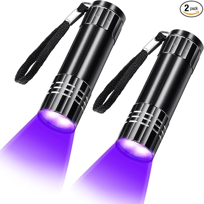 Riakrum 2 Pcs UV Blacklight Flashlights LED Handheld Mini Light Flashlight Small Portable Detector 395nm 9 LED Light for Pet, Carpet Dry Stains Detection, Spot Scorpions, Resin Curing (Black)