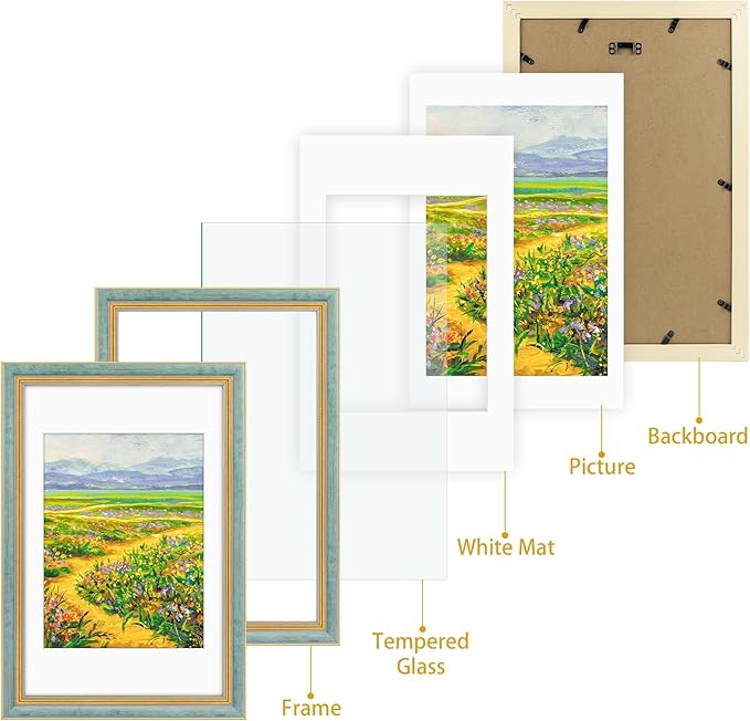 Golden State Art,11x17 Ornate Picture Frame for 9x12 Photo With Mat or 11 x 17 Prints Without Mat, Real Glass Wall Display Horizontally or Vertically (Color:Distressed Blue Gold)