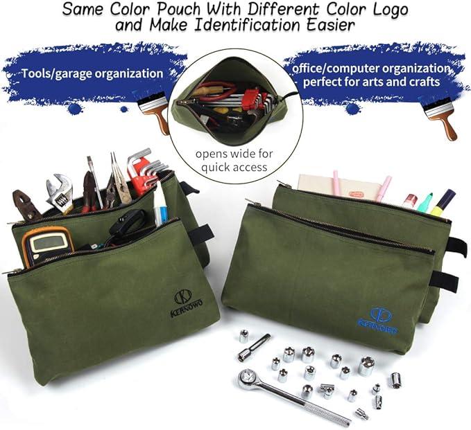 OTEVORP Premium Canvas Tool Pouch Zipper Bag,Small Tool Bag,Multipurpose Storage Pouch(4Pack 12.75x8x2.25 inch 20oz Water Resistant Heavy Duty Army Green Flat Bottom Tool Bag with Brass Zipper)