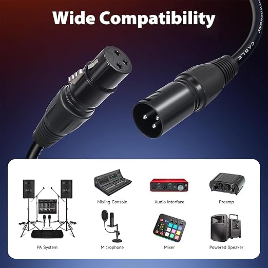 XLR Cables 2 Pack, XLR Male to Female Microphone Cable with Locking Connector, Balanced Audio Cord, Nickel-Plated Connectors, PVC Jacket – Ideal Mic Cable for Studio, Stage, Speaker, 6 FT