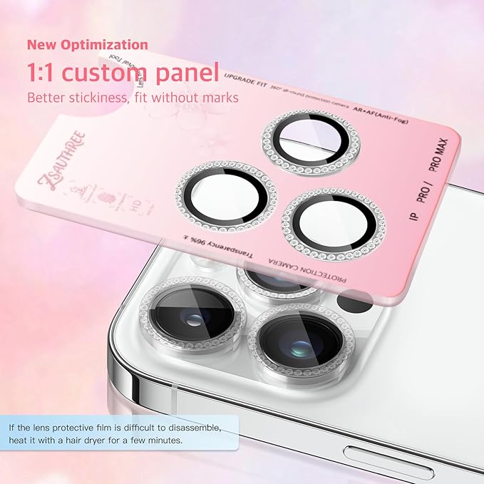 Camera Lens Protector Bling Compatible for iPhone 15 Pro/15 Pro Max,9H Tempered Glass,1Step Installation Tray,HD Clear/Military Grade Shatterproof/Scratch Resistant(Diamond Silver)
