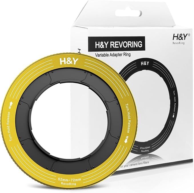 H&Y RevoRing Adjustable Step Up Ring 52-72mm to 77mm, Variable Lens Filter Adapter Ring, Universal Stepping System fits 52 55 58 62 67 72mm, Yellow