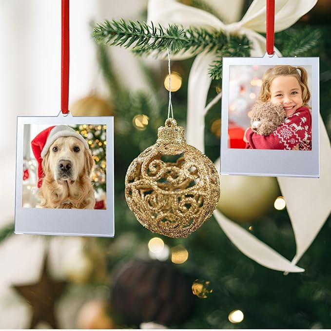 6 Set Christmas Acrylic Polaroid Film Picture Frames 3.5 * 4.25inch frame Ornaments, Blank Double-Sided Picture Frames Photo Frame for christmas tree Decor, Hanging Photo Ornaments For Tree (Silver)