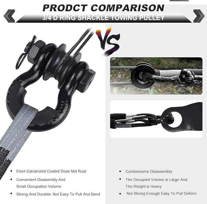 Upgraded Snatch Block, 3/4" D Ring Shackle (2 Pack) 22,000lb Break Strength with Towing Pulley, Heavy Duty Offroad Recovery Accessory for Truck, Tractor, ATV & UTV - Black