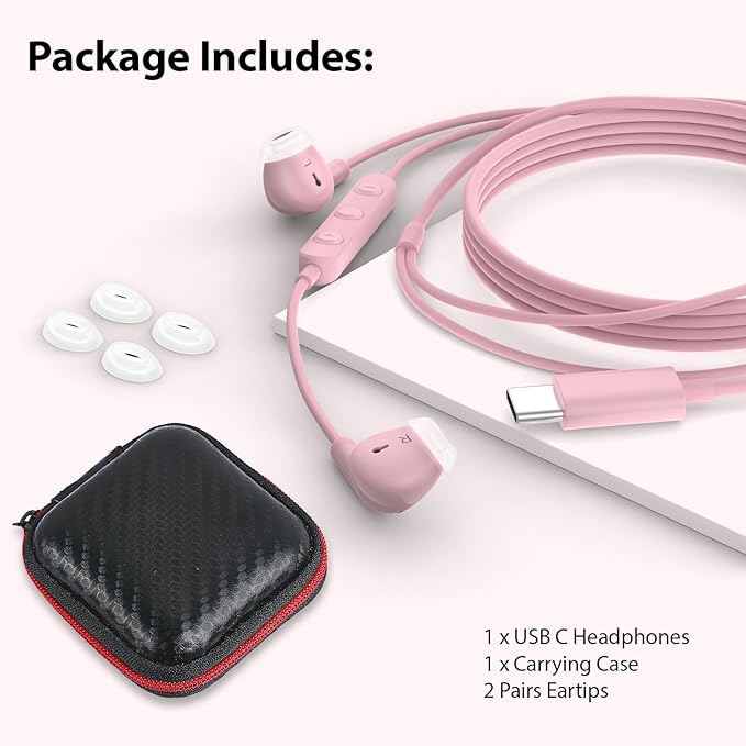 USB C Earbuds Wired USB Type-C Headphones for Apple iPhone 17 16 15 Pro/iPad 10th Generation for Galaxy S26 Pixel 10 Earphones with Microphone Volume Control Noise Isolating HiFi Stereo Headset Pink