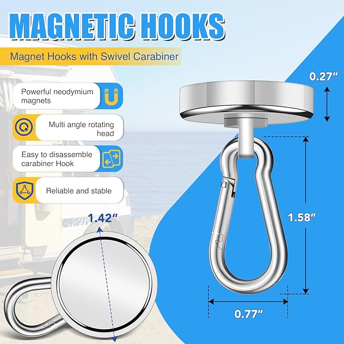 VSKIZ Magnetic Hooks Heavy Duty 150Lbs, 4 Pack Super Strong Magnetic Hooks with Swivel Carabiner for Cruise, Black Neodymium Magnet Hooks Magnetic Wall Hanger for Hanging, Toolbox, Grill, Cabins