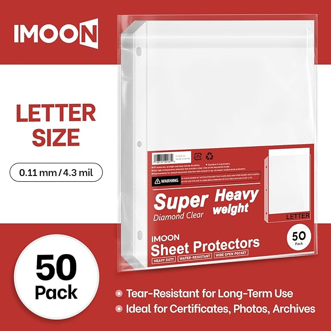 Super Heavyweight 3-Hole Letter Size Sheet Protectors - High Transparency Plastic Heavy Duty Sleeves for 3 Ring Binders, Archival Safe, Durable Page Protectors for Documents, 8.5x11 Inch (50 Pack)