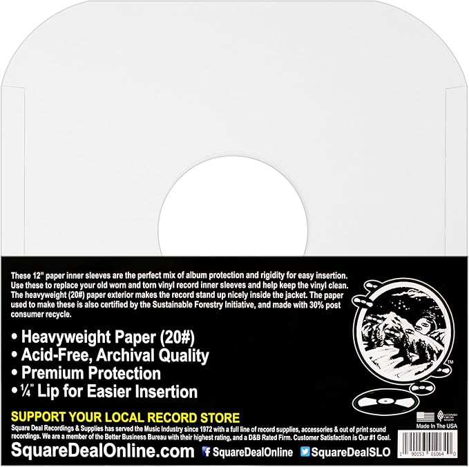 (25) Archival Quality Acid-Free Heavyweight Paper Inner Sleeves with Hole for 12 inch Vinyl Records - Durable 20# Paper - Easy Record Insertion - #12IW