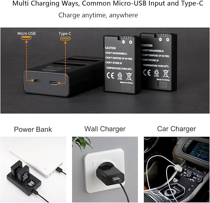 PHOLSY 2 EN-EL14 / EN-EL14a Batteries Camera Battery Charger MH-24 Rapid Dual USB Charger Compatible with Nikon P7800 P7700 P7100 P7000 D5600 D5500 D5300 D5200 D5100 D3500 D3400 D3300 D3200 D3100 Df
