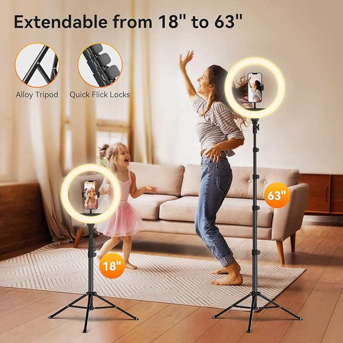 TODI 12" Ring Light with 63" extendable Tripod Stand, Selfie RingLight with Phone Holder and Selfie Remote, 2-in-1 Dimmable LED Ring Light for Makeup, Live Stream, Photography