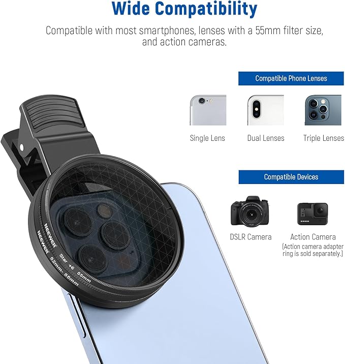 NEEWER 55mm ND + CPL + Star + 4 Graduated Color Filter Set with Phone Lens Clamp Compatible with iPhone 17 16 16e 15 14 Pro Max Plus Samsung Galaxy S25 Ultra