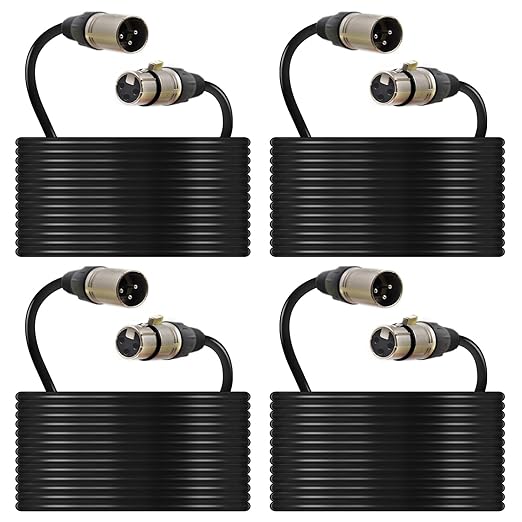 (4-Pack) 50 Foot, XLR Microphone Cable 3-pin XLR Speaker Cable Male to Female Balanced Mic Cable, Black