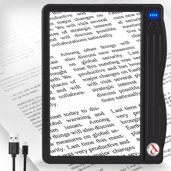 6X 30X Magnifying Glass with Light, Rechargeable Handheld Magnifying Glass for Reading, LED Lighted Lightweight Rectangular Full Page Magnifier for Reading Small Prints Seniors Low Vision (Black)