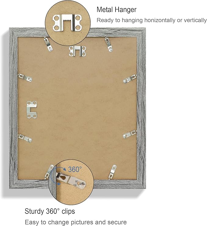 10x12 Picture Frame Set of 4, Made of Real Glass and Grey Frame - Display Picture 8x10 with Mat or 10x12 Without Mat, 10 by 12 Photo for Wall Mounting