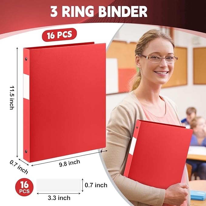 Henoyso 16 Pcs 3 Ring Binder 1/2'' Round Fits Letter Size 8.5'' x 11'' Paper Plastic Flexible Binder Holds 140 Sheets with 1 Pockets Versatile Organizer for Home Office School (Red)