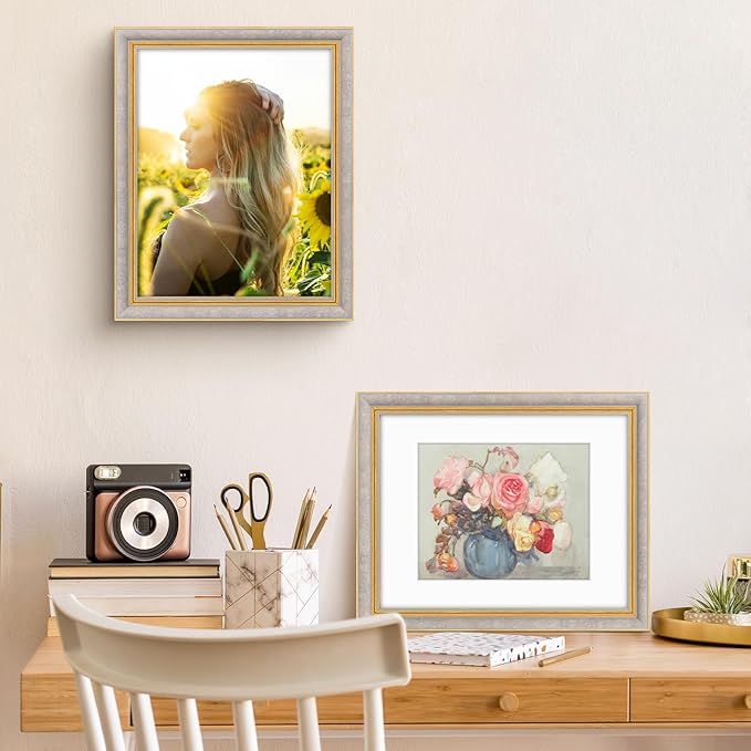 Golden State Art,11x14 Ornate Picture Frame for 8x10 Photo with Mat or 11 x 14 Prints Without Mat, Real Glass Wall Display Horizontally or Vertically (Color:Antique Gray Gold)