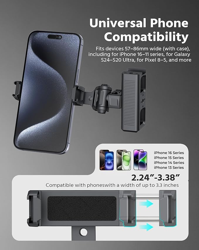 360° Phone Clip Mount with 1/4"-20 Screw & Locating Pins for Arri, Rotatable Phone Holder with 3 Cold Shoes for LED Lights, Mics