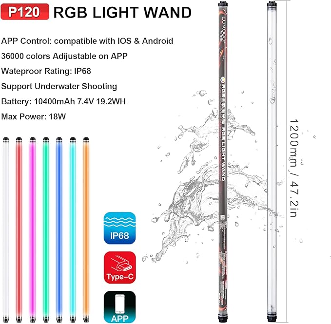 P120 RGB Handheld Photography Light, APP Control 1350 Lumen LED Video Light Wand 360°Full Color 12 Lighting Modes CRI≥95 IP68 Waterproof Built-in Rechargeable Battery 3000k 5750k Colorful Stick