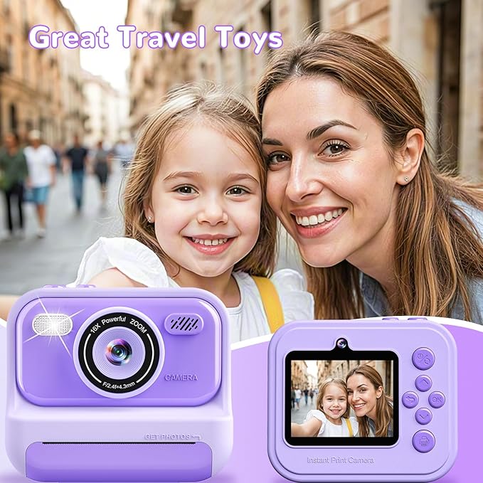 Instant Print Camera for Kids, Valentine‘s Day Present Birthday Gifts for 3 4 5 6 7 8 9 10 Year Old Girls and Boys, 1080P Digital Camera with 2.4 Inch Screen, Portable Toddler Travel Toys, Purple