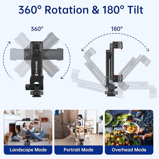 SYNCWIRE Tripod Phone Mount, Universal Smartphone Mount Adapter with 2 Cold Shoe and 1/4" Screw, 360° Rotates and 180° Tilts Adjustable Cell Phone Clamp Holder for Enhancing Mobile Photography Setup
