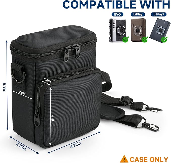 Protective Travel Case Compatible with Fujifilm Instax Mini EVO/LIPLAY/LiPlay+ Hybrid Instant Camera - Portable Storage Bag with Adjustable Strap & Belt Loop, Black (Case Only)‌