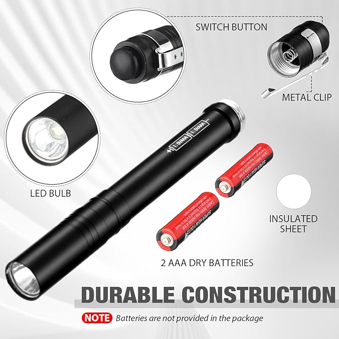 48 Pack Christmas Mini Pen Flashlights Bulk Gifts LED Pen Lights Aluminum Pocket Flashlights with Clips Small Handheld Torches for Men Camping Hiking Emergency Outdoor (Black)