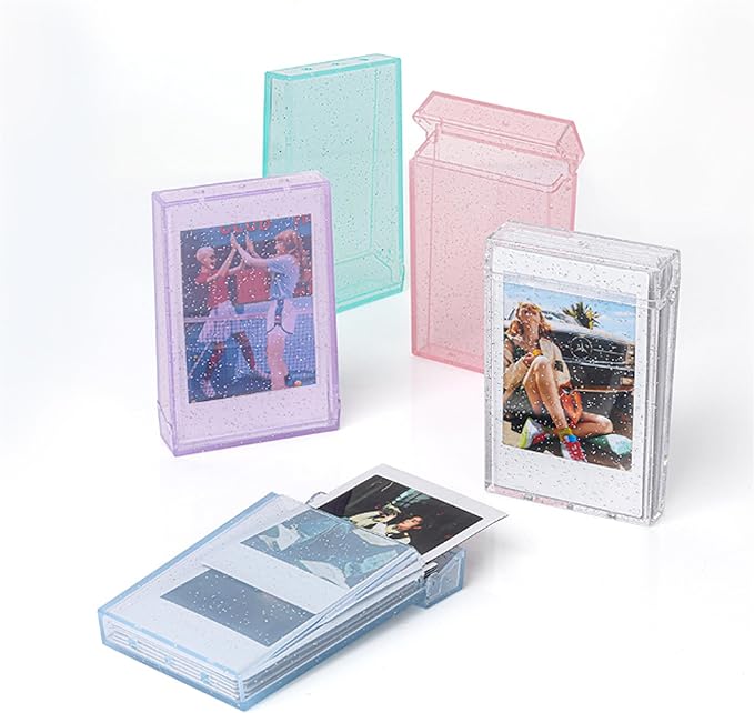 2 Pack Travel Photo Holder for Fujifilm Instax Mini 7+/8/9/11/12/40/90/EVO, 3 inch Photo Storage Case, Camera Clear Photo Protective Box with Wrist Lanyard, Postcard Display Frame (Pink glitter)