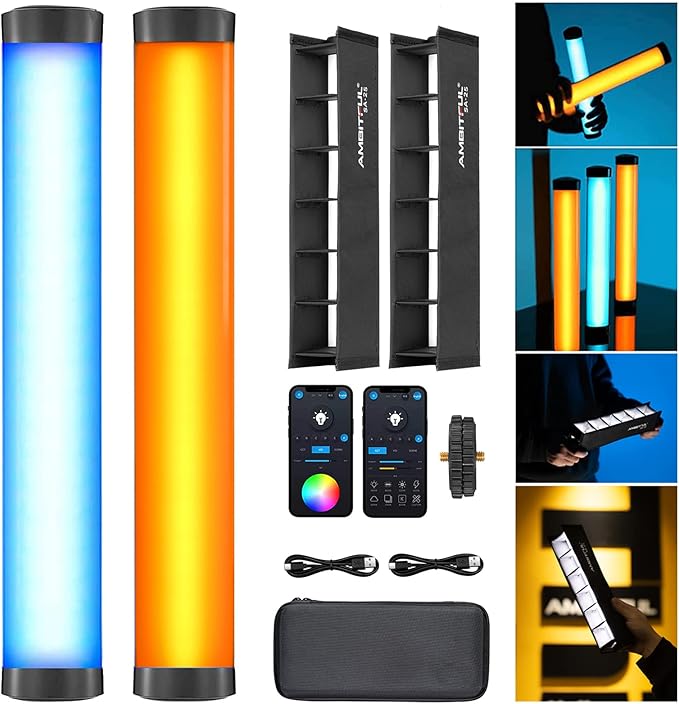 AMBITFUL A2 RGB LED Light Wand -Full Color Magnetic Video Light Stick,Handheld Tube Light with 29 Effects, 2500-8500K, 2500mAh, CRI 95+ for Photography, YouTube, TikTok (A2-K2 Kit)